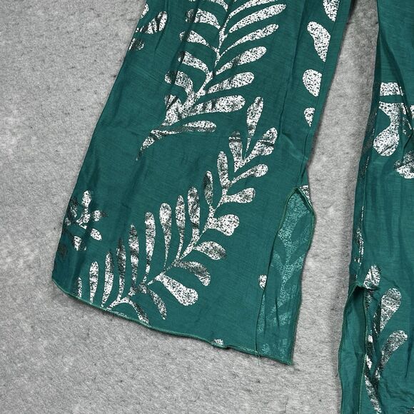 Hale Bob Top Womens Small Teal Silk Blend Metallic Gold Leaf Cabana Beach Tunic - Picture 7 of 14